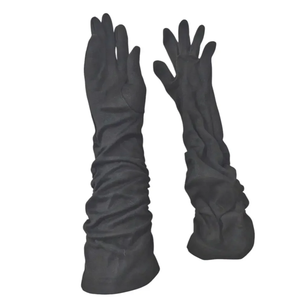 Vintage 60s Black Elbow Length Gloves Stretch Knit Elastic Rouching Detail Retro